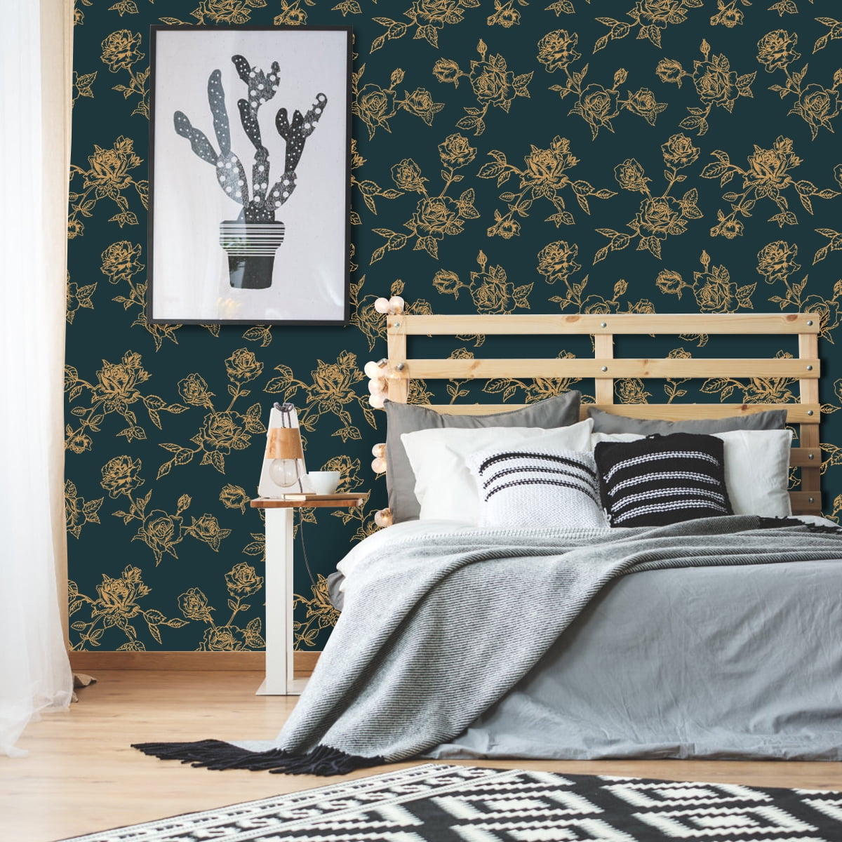 Arthome Peel and Stick Wallpaper，17"×393" Self Adhesive Floral Contact Paper Blue Gold Flower Vintage Vinyl Wall Paper Removable Decorative Film for Room and Furniture Decoration