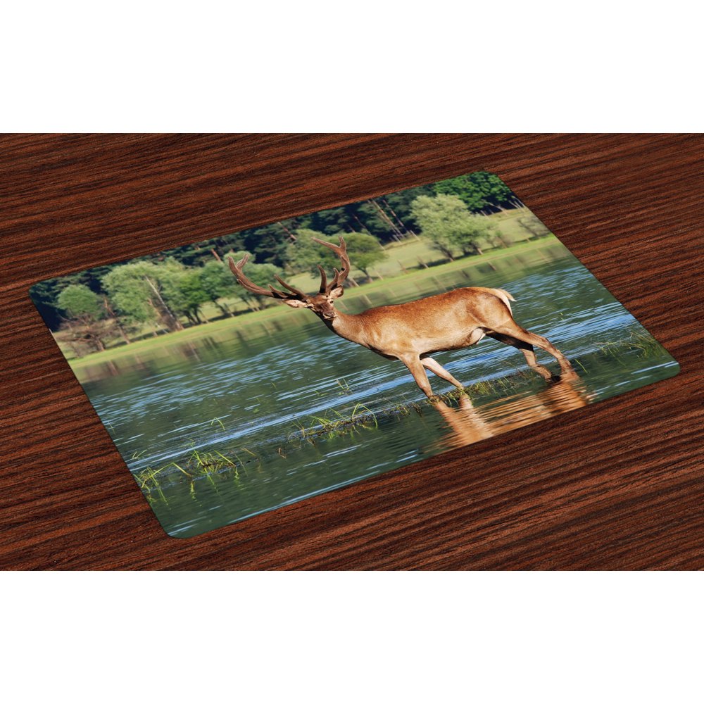 Deer Placemats Set of 4 Cute Mountain Deer in the Water with a Forest