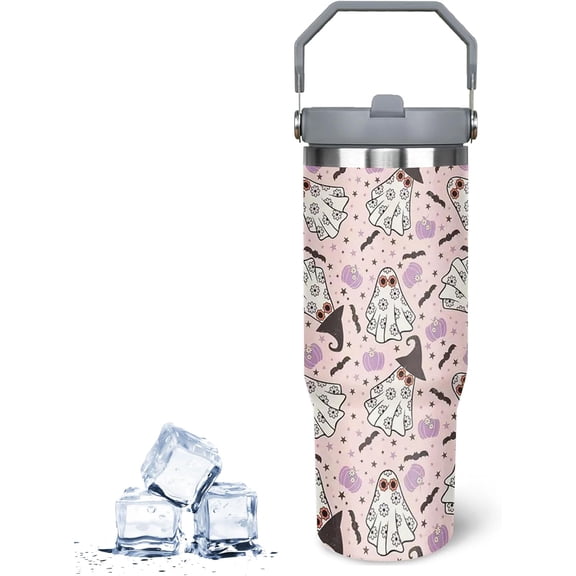 30oz Halloween Ghost Tumbler - Double Wall Insulated Stainless Steel, Leak-Proof with Handle and Straw - Ideal for Holiday and Special Day Gifts
