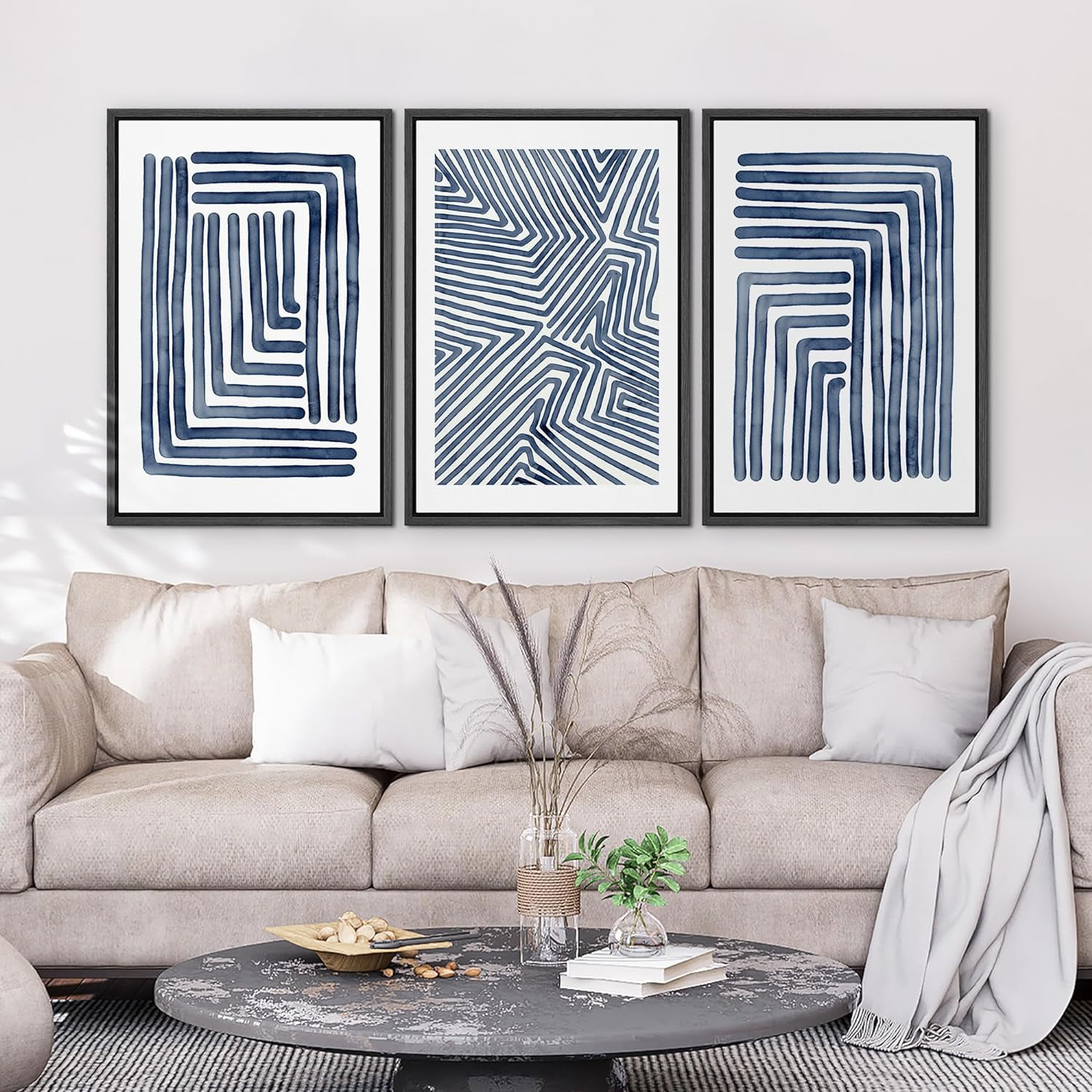 Wall26 Framed Canvas Wall Art Set of 3, Navy Blue Geometric