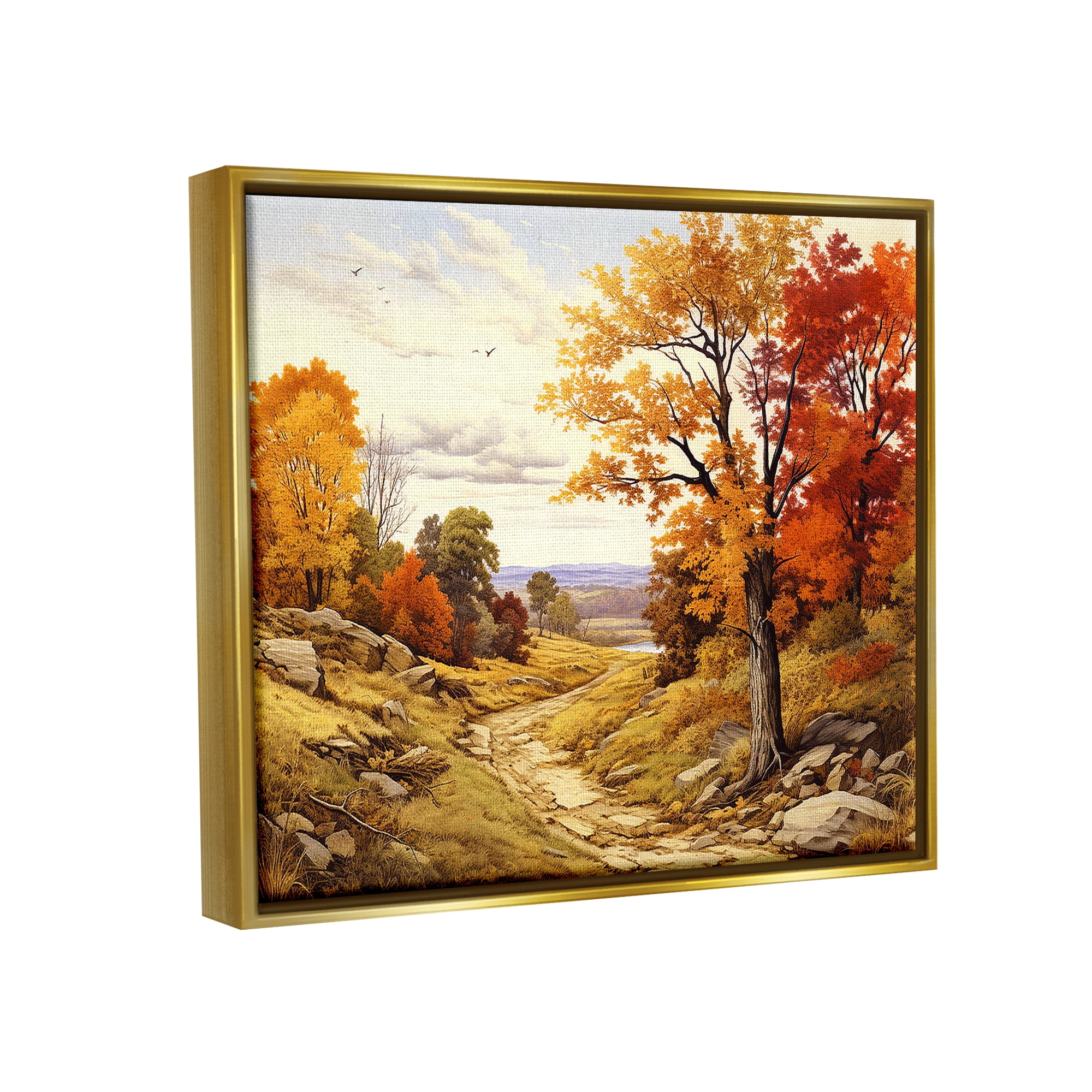 Stupell Industries Classic Fall Foliage Path Landscape Painting Gold Floater Framed Canvas Art Print Wall Art, 31 x 25
