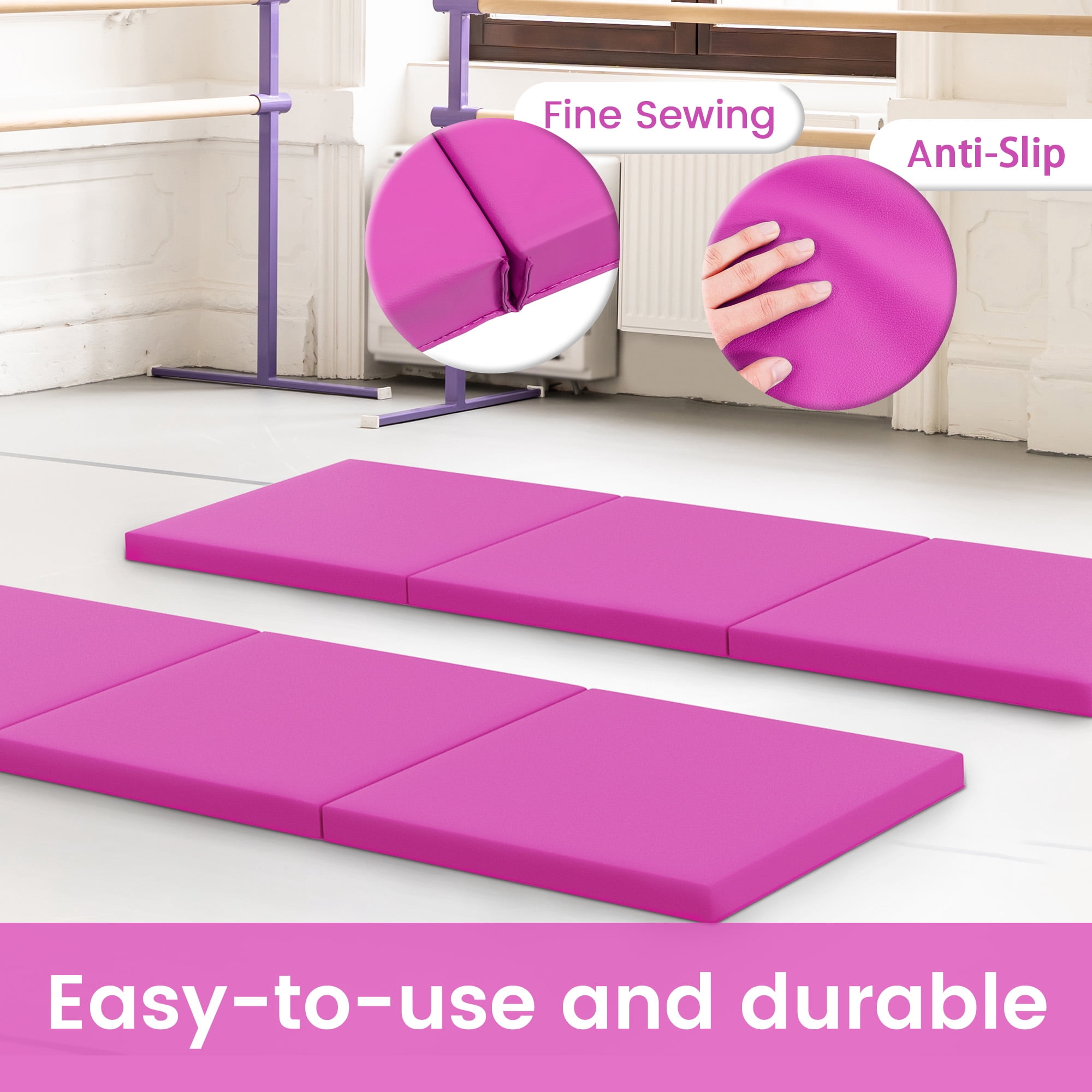 Sprint Demon Folding Exercise Mat, 2ft x 6ft Three Fold Exercise Mat with Carrying Handles for Yoga, MMA, Gymnastics and Home Gym Protective Flooring, 2-inch Thick, Pink