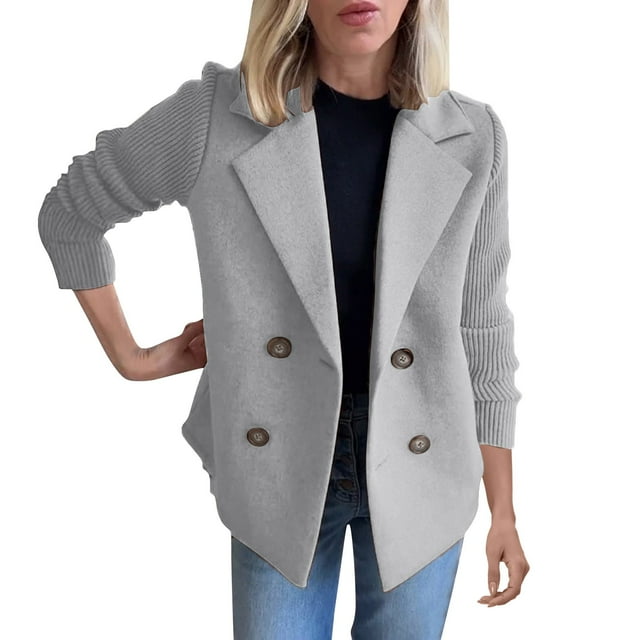 Duoif Veste pour Femmes, Manteau Décontracté à Manches Patchwork Tricoté à Revers, Veste Courte à Double Boutonnage pour Femmes Gris TTG