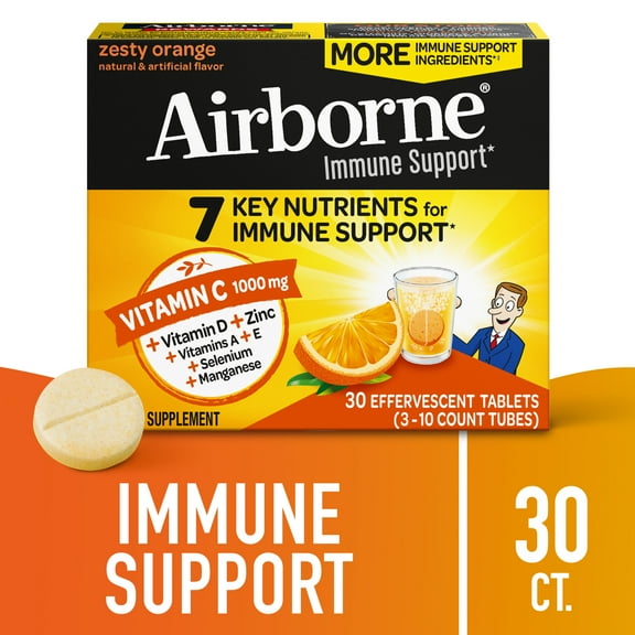 Airborne 1000mg Vitamin C Immune Support Effervescent Tablets, Zesty Orange, 30 Count