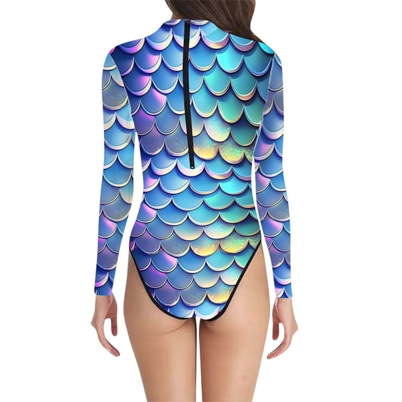 DHFJKG One Piece Swimsuit Women Scale Print Long Sleeve Rash Guard Zipper Back High Cut Bathing Suit Stylish Beachwear