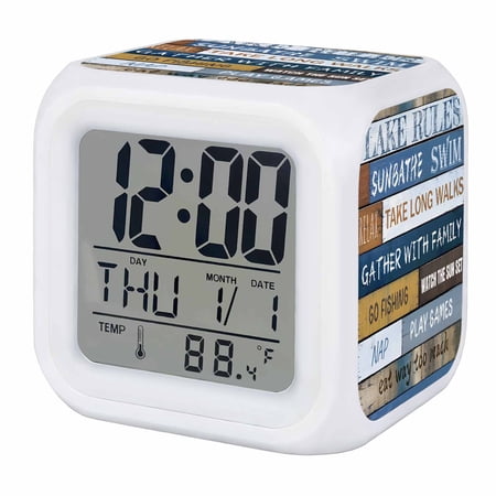 Lake Farmhouse Digital Alarm Clock for Bedrooms, Smart LED Alarm Clock with 7 Color Changing Night Light, Vintage Wood Grain Country Pastoral Silent Wake Up Clocks for Sleep Study Cooking 3.2x3.2