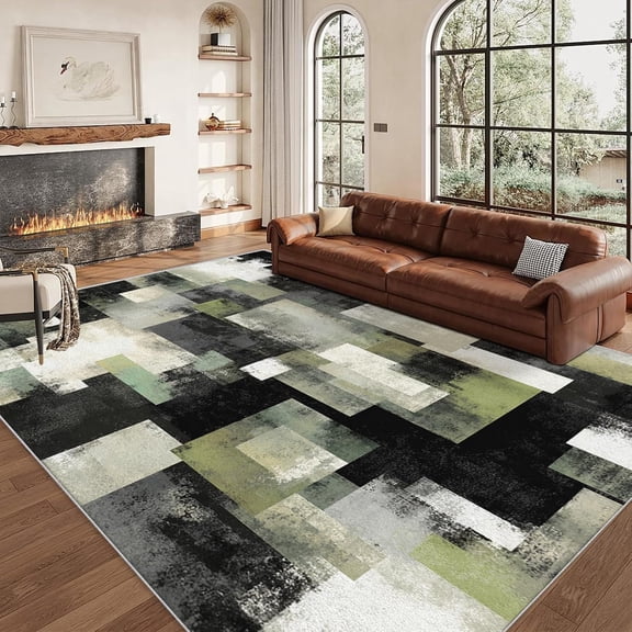 Black Green Patchwork Geometric Area Rugs, Modern Abstract Carpet, Washable Non Slip Low Pile Soft Rug for Living Room Bedroom Home Office Decor Mat 2x3ft