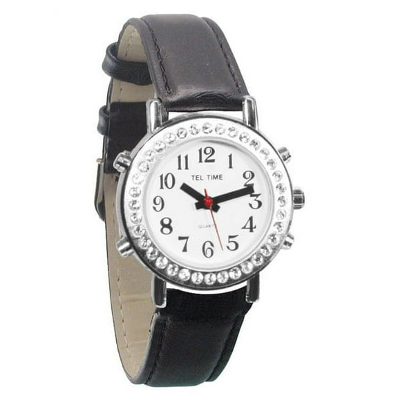 Ladies Talking Watch with Rhinestone Bezel and Leather Band- English