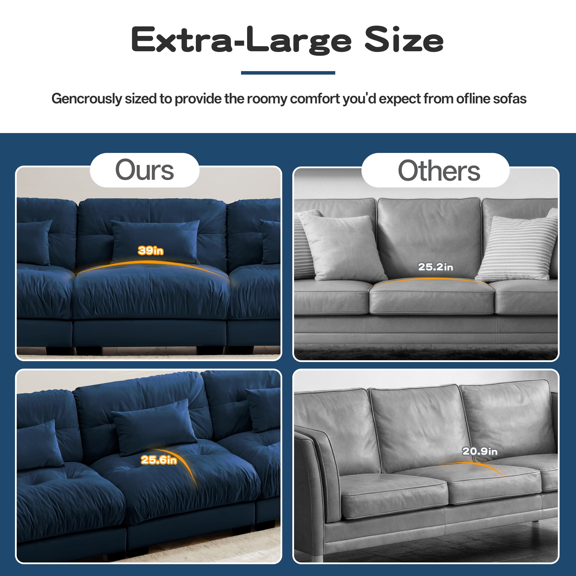 Alvantor L-Shaped Sectional Sofa 3-Seater Velvet Sofa Couch with Bolstered Armrests for Living Room, Easy Assembly Blue