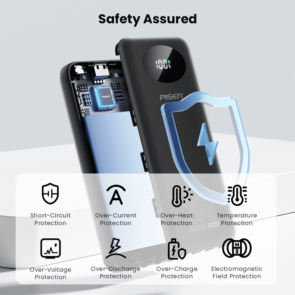 PISEN 3C Certified Power Bank ,10000mAh 20W Fast Charging Battery Pack, Travel Battery Pack Portable Charger with LED Display, Portable Charger with Built in Cable for iPhone, Samsung and More