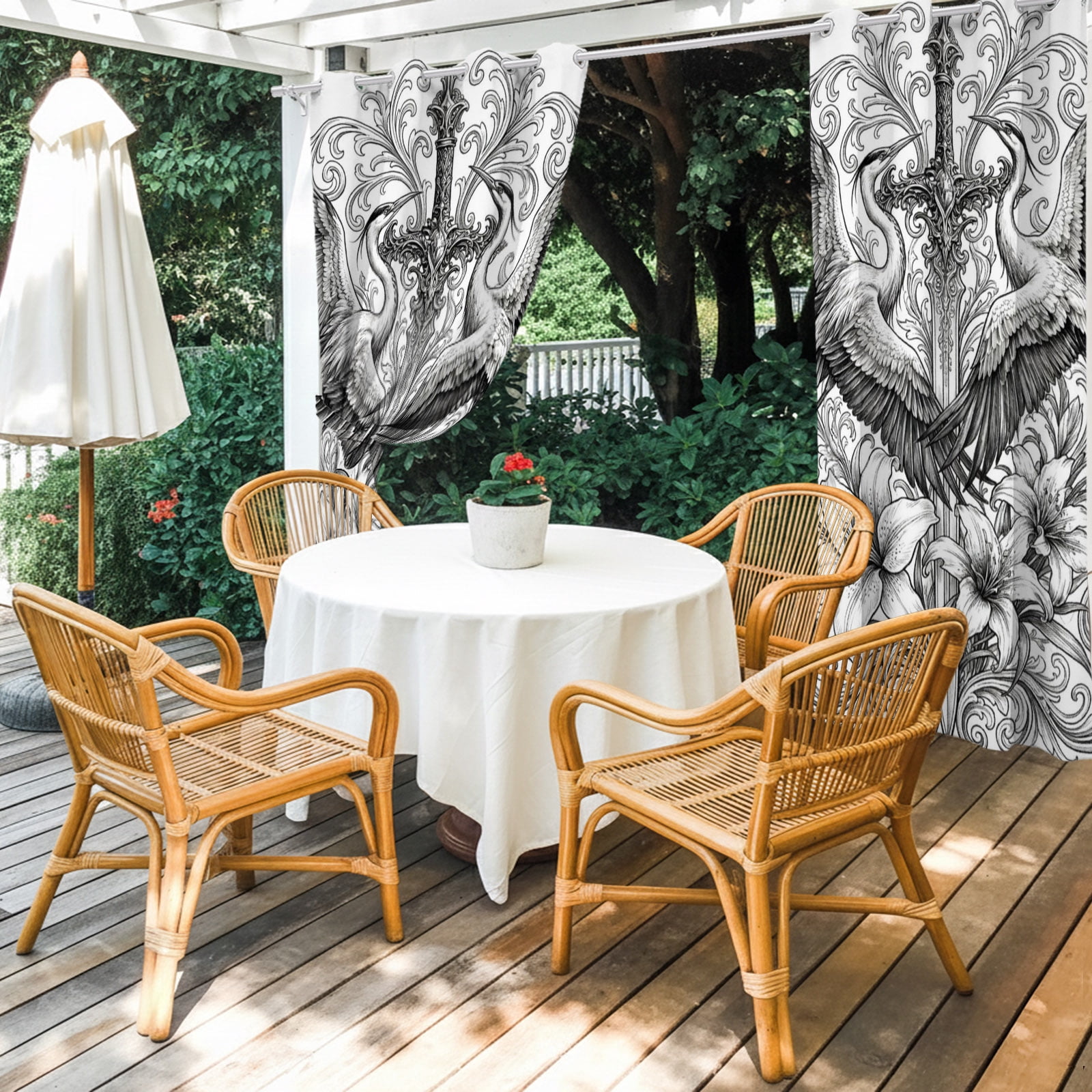 Sword Lily Flowers Outdoor Curtains for Patio, Floral Sword Goth Vintage Sunshade Privacy Drapes Grommet Waterproof Outside Curtains for Porch/Cabana/Balcony 54"x 108", 1 Panel