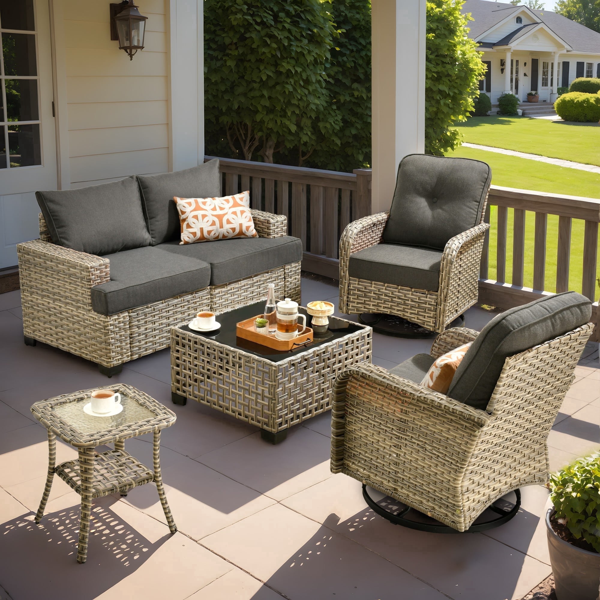 XIZZI Outdoor Patio Furniture Sets, 6 Pieces Outdoor Sectional wicker patio furniture with Coffee Table and Swivel Chairs, All-Weather Conversation set for Porch, Black