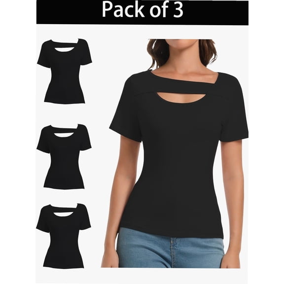 3pack-Black Women's Fashion Clothes One Piece Cutout Tops Short Sleeve Knit Slim Fitted Shirts Tee Tshirts