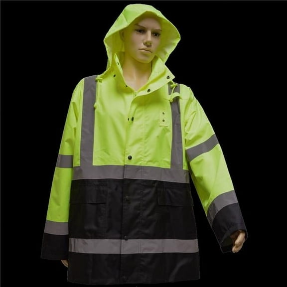 Rain Parka Jacket ANSI-ISEA Class 3 Waterproof, Two Tone Lime & Black with Detachable Hood Storm Flap, Zipper & Snap Closure No Lining, 6X