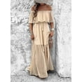 thumbnail image 4 of Women'S Off Shoulder Dot Maxi Dress Ruffle Corset Tassel High Waist Sundress Split Solid Casual Long Dress Apricot M, 4 of 8