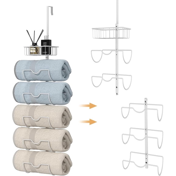XCOSRACK 6-Tier Over The Door Towel Rack with Storage Basket, Adjustable Wall Mounted Rolled Towel Organizer for Bathroom, Detachable Metal Holder for Large Bath Towels, White