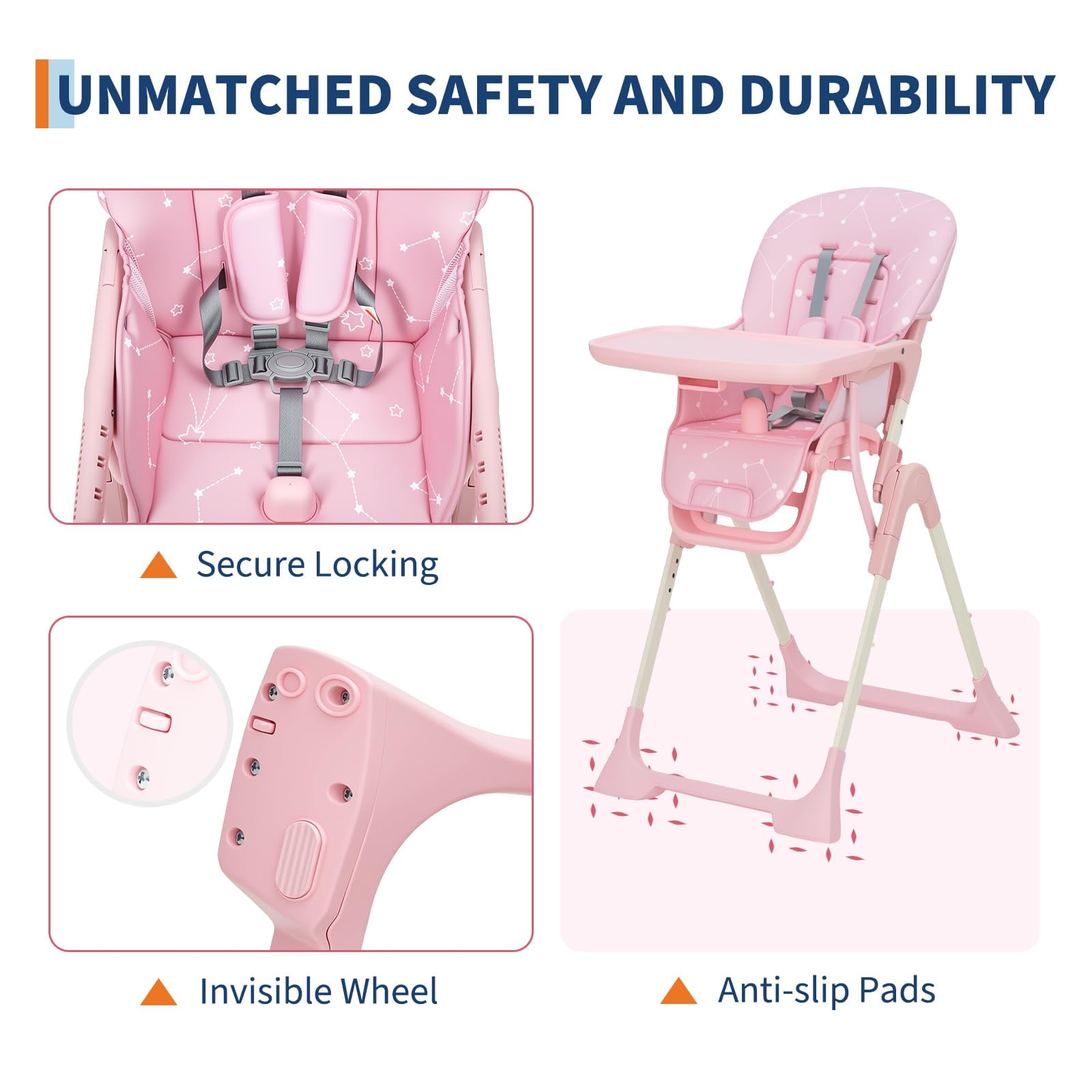 Collapsible Baby High Chair for Feeding – Adjustable Height, Backrest & Footrest, Removable Tray, Compact Fast Folding, Safe for Babies & Toddlers, Easy Clean