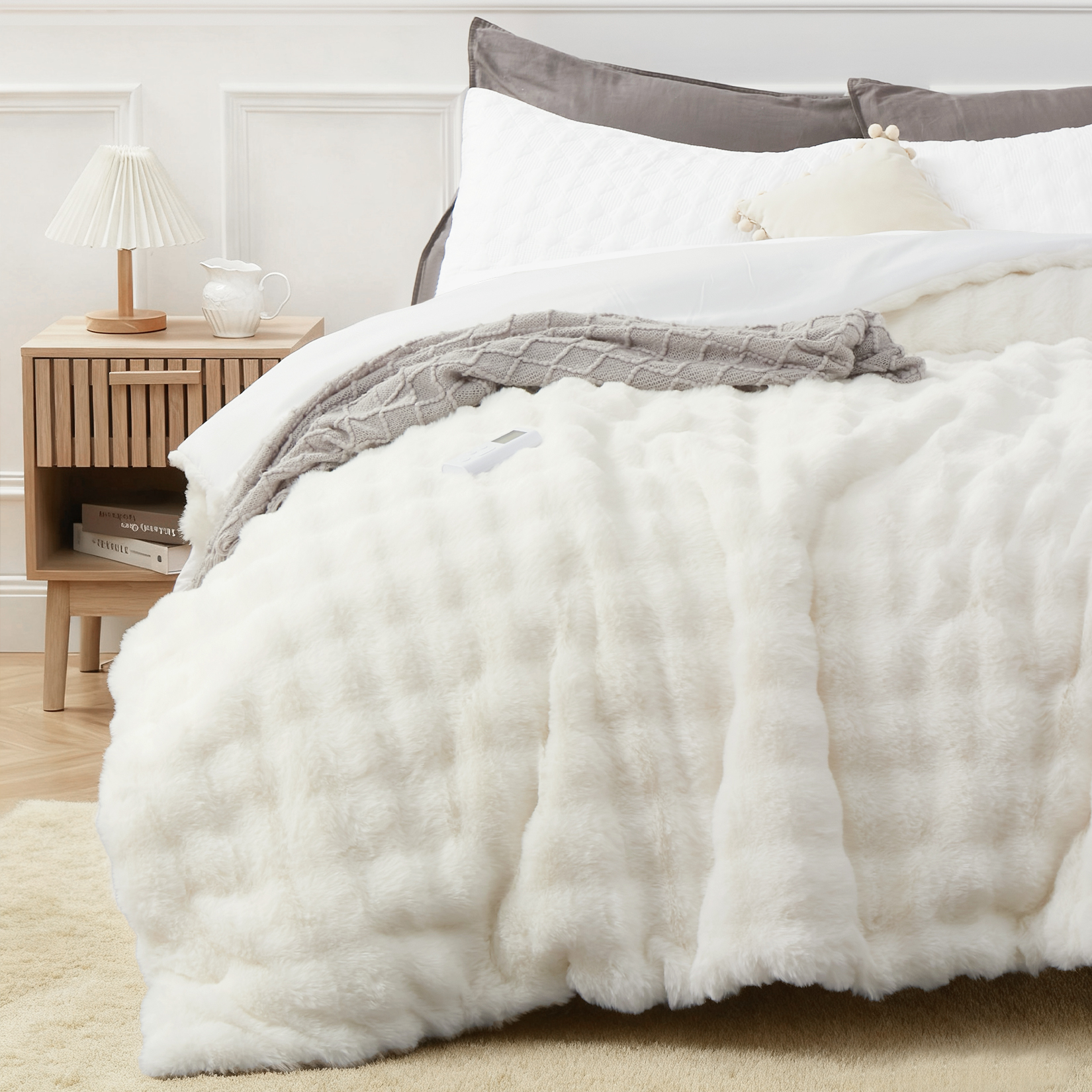 Ultra Soft Heated Blanket Queen Size - Soft Faux Fur Comforter, 6 Heat Levels, Wireless Controller, Fast Heating, 10H Auto-Off, Washable, Cozy Winter Bedding - Cream, 90x90 Inches