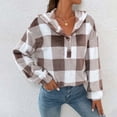 thumbnail image 2 of Lisingtool Womens Tops Gingham Half Button Drop Shoulder Hoodie Womens Casual Plaid Shacket Button Down Long Sleeve Sweatshirt Essential Hoodies Brown, 2 of 8