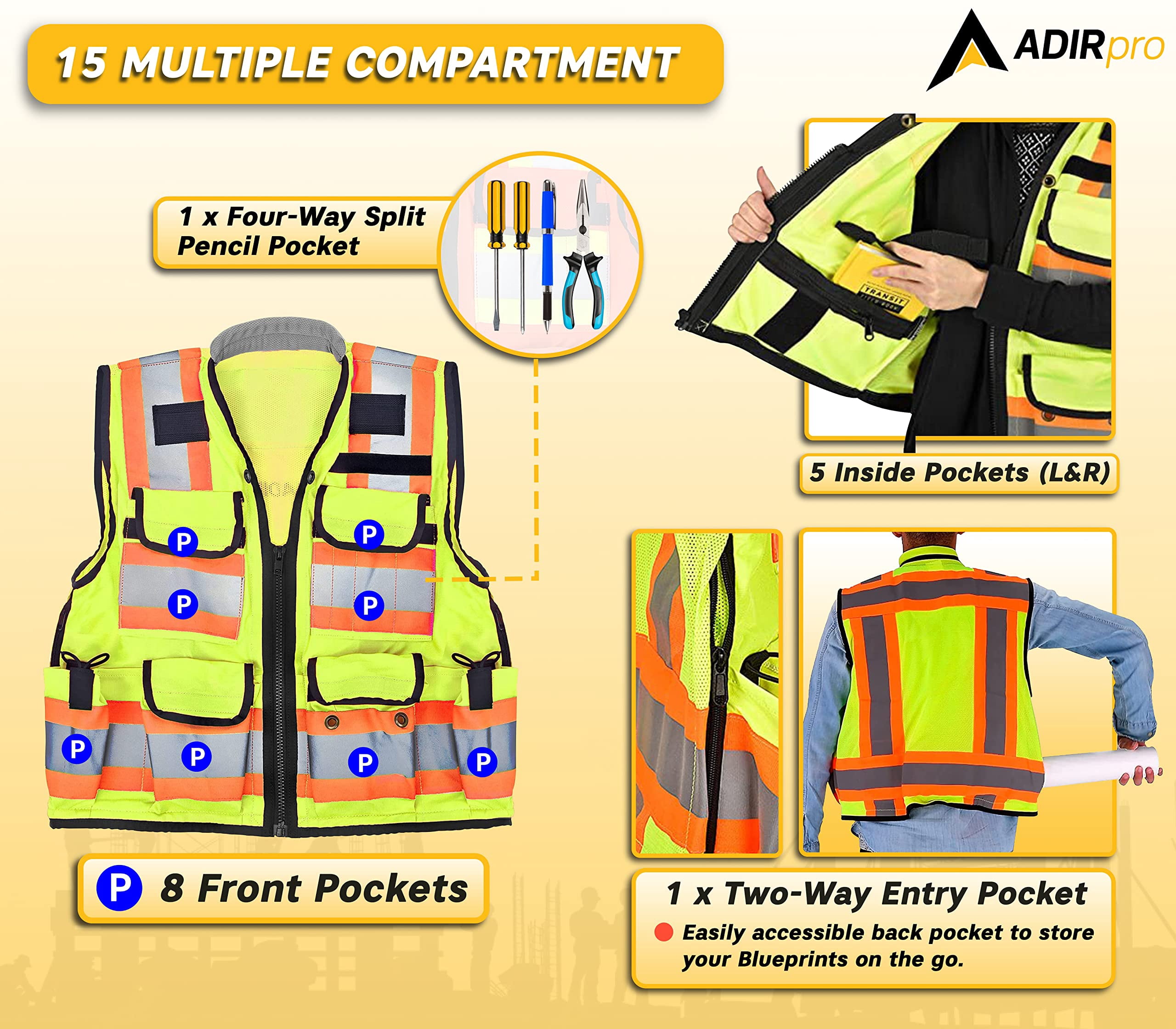 AdirPro Surveyor Safety Vest with Pockets - High visibility Reflective Construction Vest for Men - Class 2 Heavy Duty Vest ANSI Complaint for Contractors, Surveyors (Yellow, Medium)