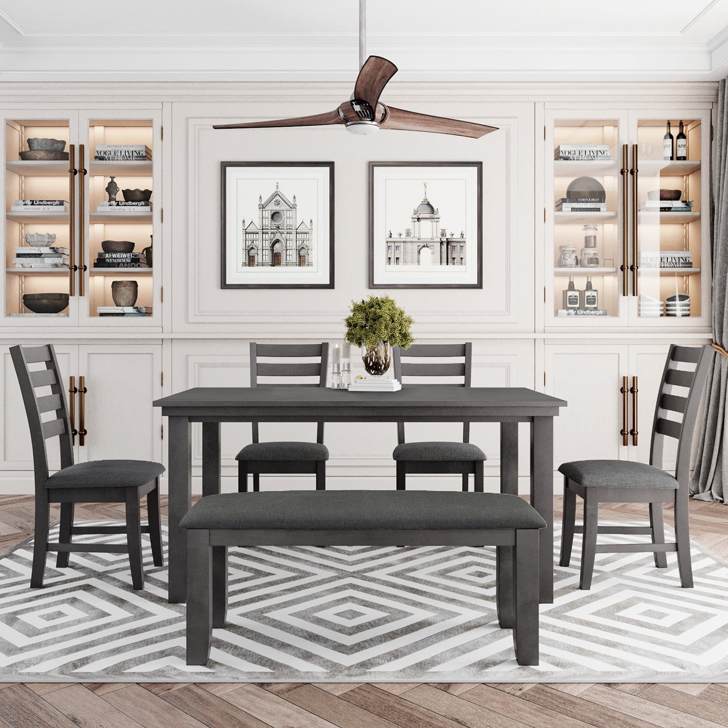Kadyn Dining Room Set for 6, 6 Piece Dining Set with Table, Chairs and Bench, Kitchen Table Set for Dining Room, Gray Kadyn Dining Room Set for 6, 6 Piece Dining Set with Table, Chairs and Bench, Kitchen Table Set for Dining Room, Gray