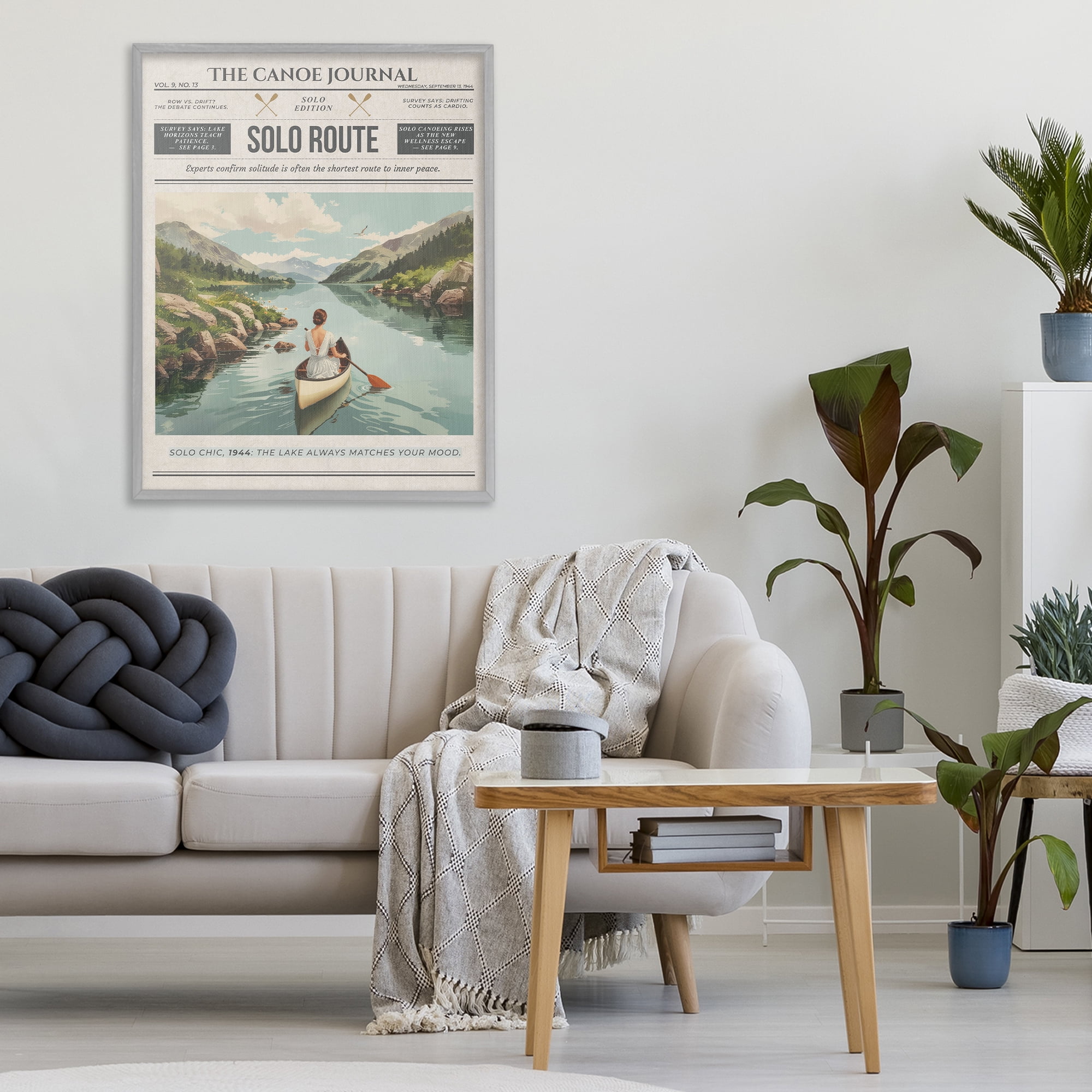 Stupell Industries Canoe Journal Newspaper Gray Framed Giclee Art, design by A Barefoot Stylist