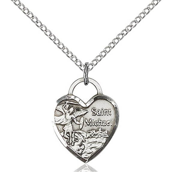 Sterling Silver St. Michael Heart Pendant 5/8 x 1/2 inches with 18 inch Sterling Silver Curb Chain