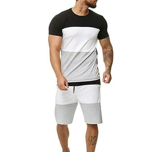 Txlixc Traje de hombre, camiseta de cuello redondo de manga corta + pantalones cortos de cintura de cuerda Txlixc moda