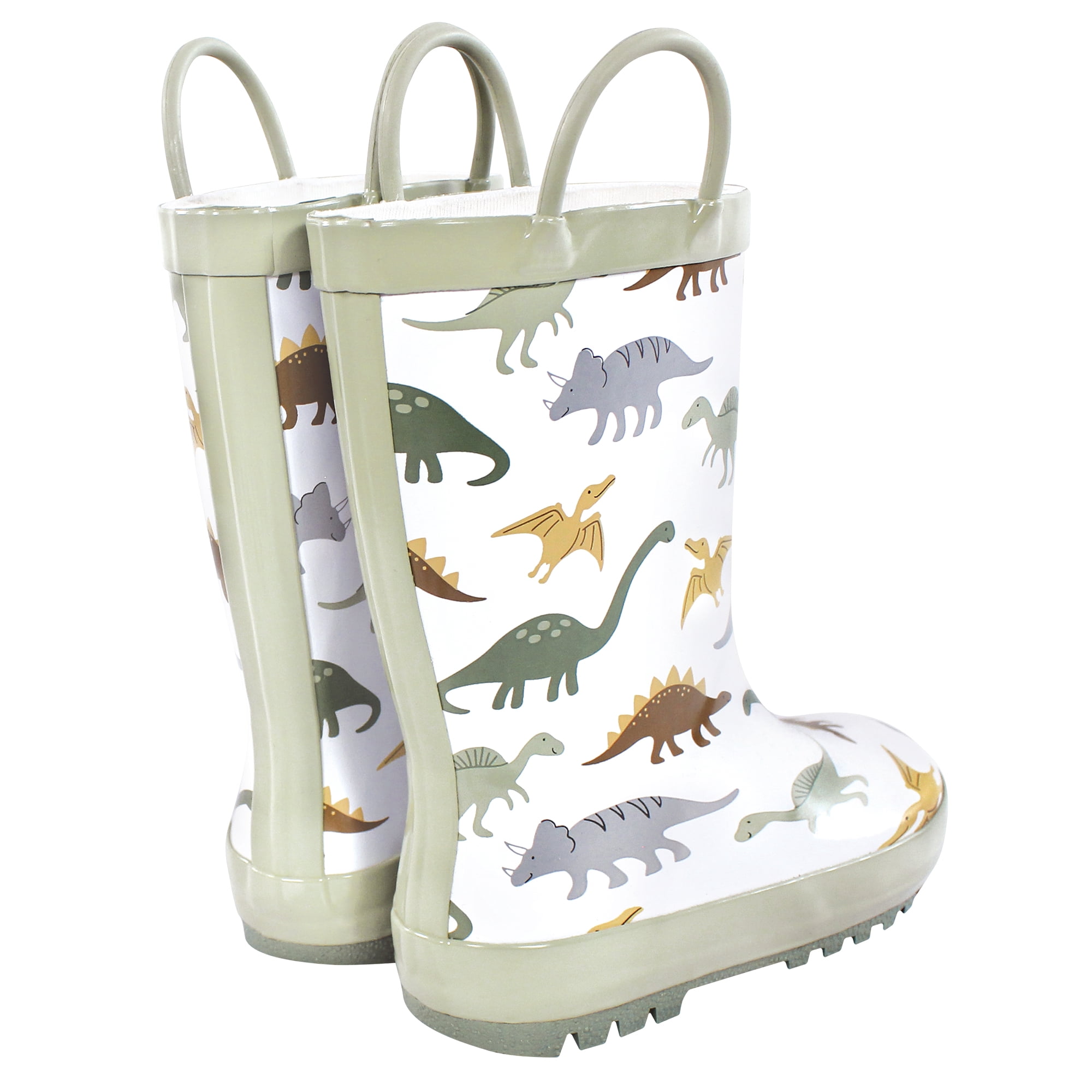 Hudson Baby Boys Rain Boots, Neutral Sage Dinosaurs, 4 Toddler