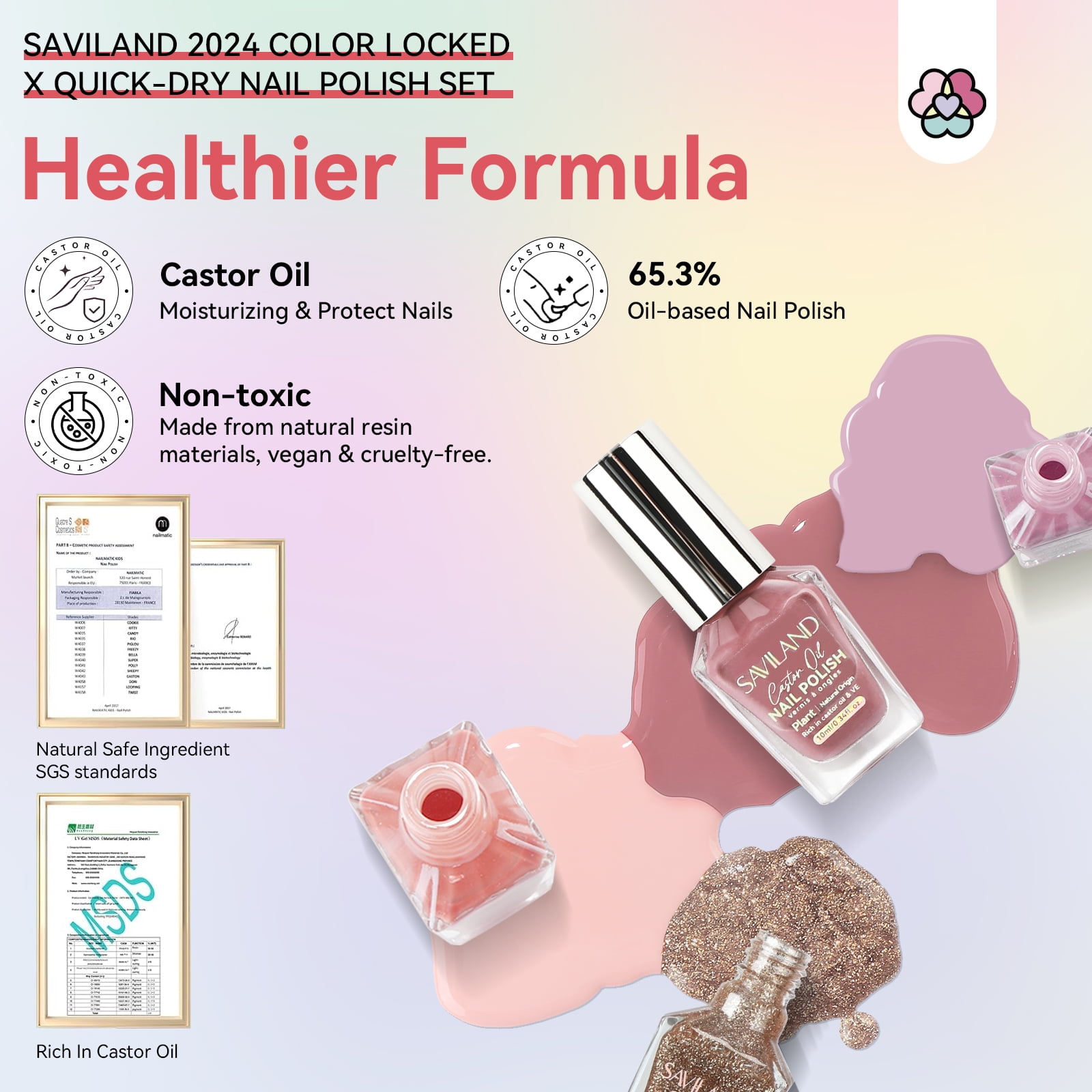 SAVILAND Quick Dry Nail Polish: 6Pcs Hot Sheer Color Nail Polish Set Neutral Solid Color Pink Nudes Glitter Nail Polish Kit Castor Oil Non Gel Nail Polish Finger Toe