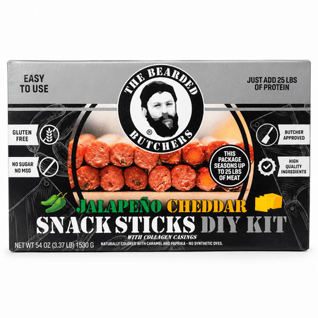 The Bearded Butchers Jalapeño Cheddar Snack Sticks DIY Kit for up to 25 lbs of Meat, Includes Jalapeño Flakes & Powder, Cheddar Cheese, Seasoning, Collagen Casings & Curing Salt