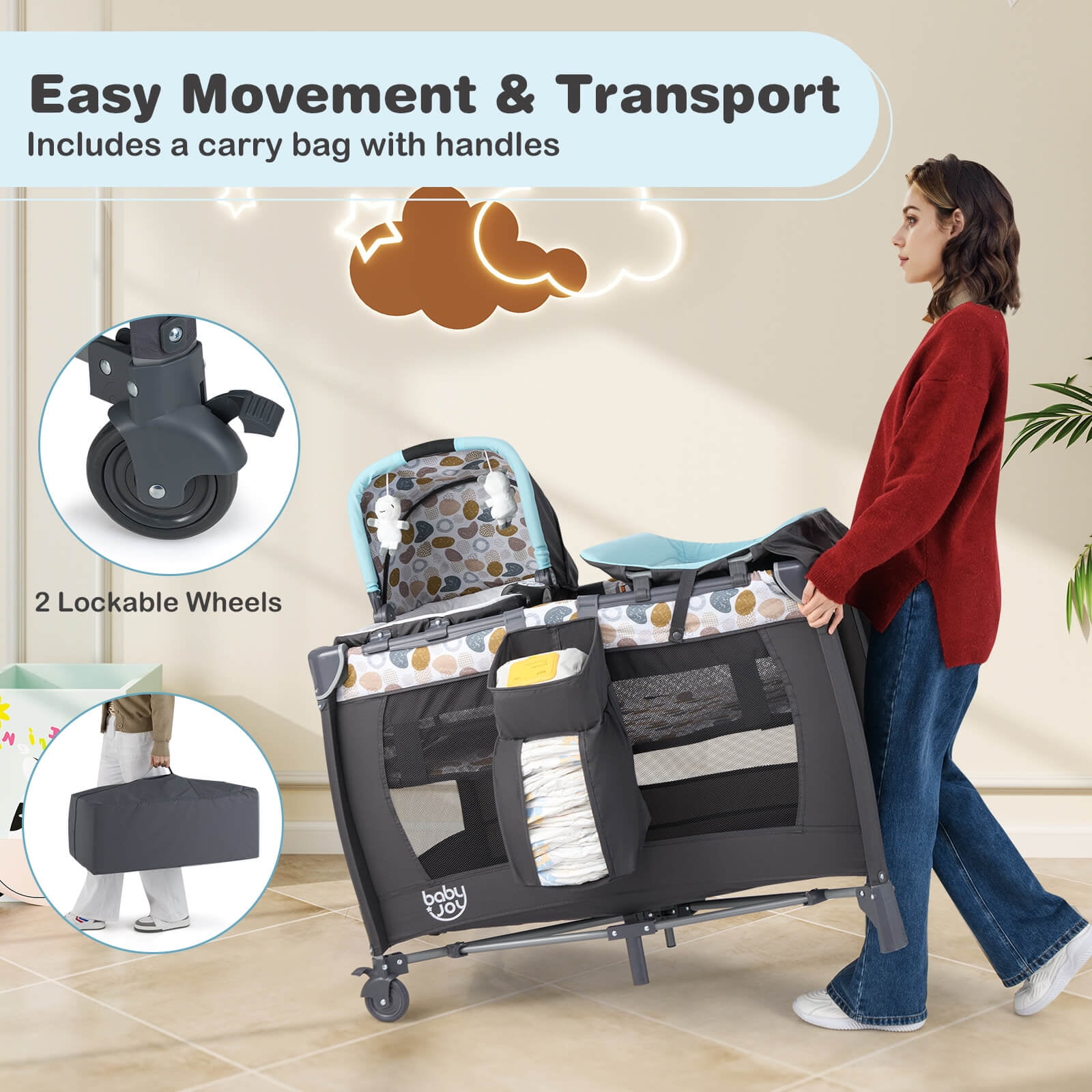 Costway 5 in 1 Bedside Bassinet with Diaper Changer Lockable Wheels & Travel Bag Blue