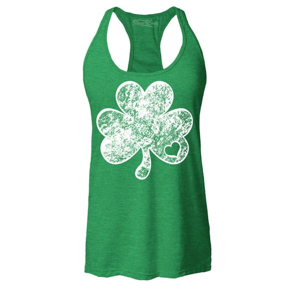 Shop4Ever Women's Distressed Shamrock Heart St. Patrick's Day Racerback Tank Top Medium Kelly Green