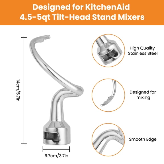 Spiral Dough Hook for KitchenAid 4.5 & 5QT Tilt-Head Mixers – Stainless Steel Bread, Pizza & Pasta Kneading Attachment, Dishwasher Safe, Fits K45, K45SS, KSM75, KSM90, KSM150