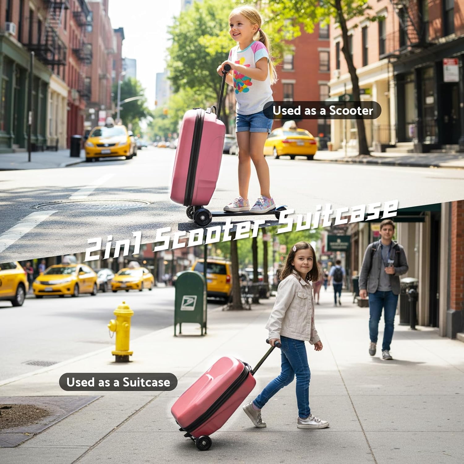 20" Hardshell Scooter Suitcase for Kid & Adult Foldable 2 in 1 Ride on Carry on Travel Trolley Scooter Luggage With Wheels Pink