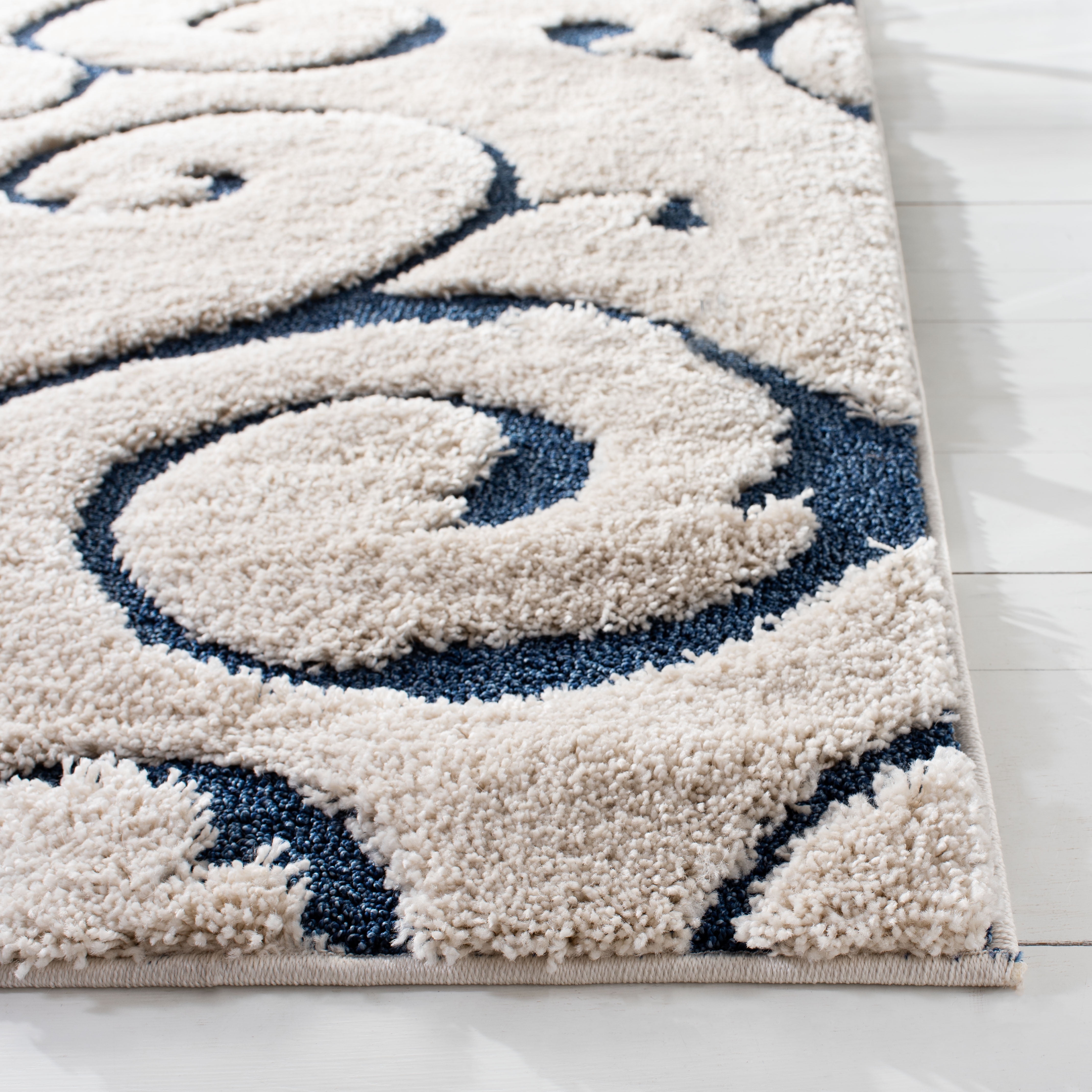 SAFAVIEH Florida Doug Floral Vines Geometric Shag Area Rug, Cream/Blue, 2'3" x 4' - Transitional Modern Design, Cream & Blue, Non-Shedding & Easy Cleaning, Ultra Plush Thick Pile, Ideal for Living Ro