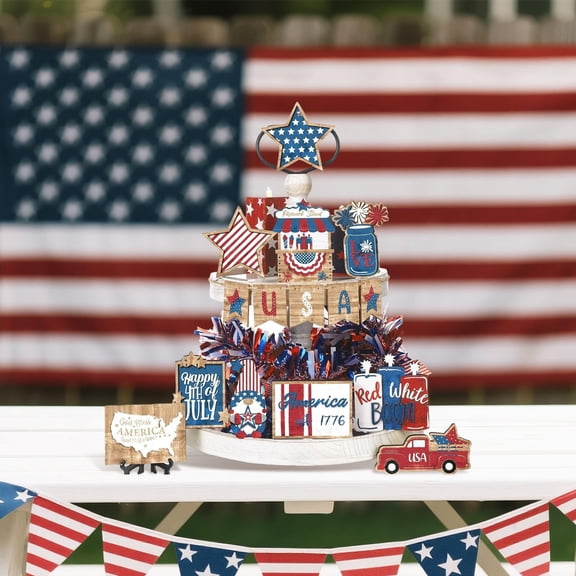 4Th of July Tiered Tray Decor, Patriotic Decorations, 10X12 In, Wood Pieces, Rustic Home Decor, Memorial Day Gatherings, Red White Blue, 15 Pc Set