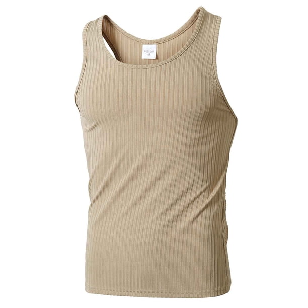 Camiseta sin mangas de cuello redondo para hombre, de color liso, sin mangas, a rayas, de punto, para fitness, deportiva, ajustada, con espalda cruzada, básica, informal, para hombre