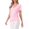 thumbnail image 4 of INSPIRE CHIC Women's Wrap Tops V Neck Short Sleeves Button Decor Ruched Causal Blouses Light Pink M, 4 of 6