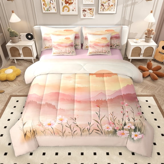 Manfei Sunset Flower Floral 7-Piece Twin Bedding Sets,Natural Landscape Theme Bedding Comforter Set,Gradient Pink Orange Sheet Sets For Girls Teens,Luxury Bedroom Decor Reversible