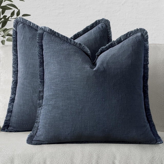 Fundas de cojín MIULEE de lino con flecos, azul índigo, 60 x 60 cm