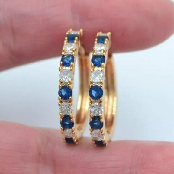 Classy Hoop Earrings in Round Cut Blue Sapphire For Women 14k Yellow Gold Plated