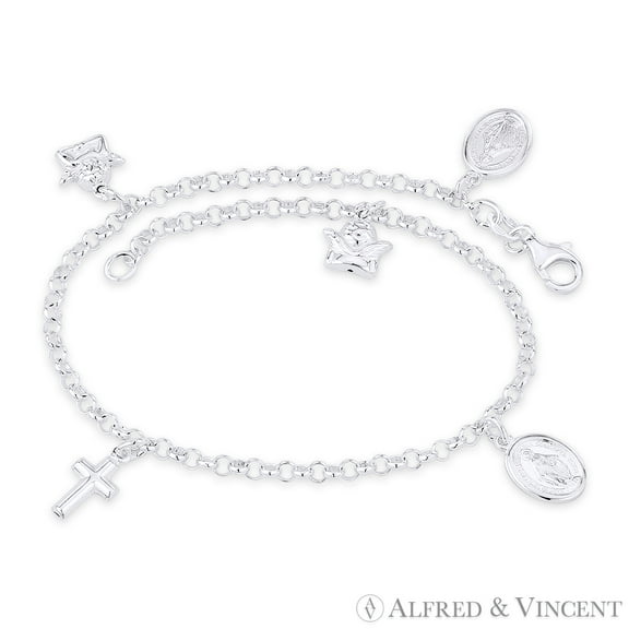 Mother Mary Miraculous Medal, Cross, Angel, & 3mm Rolo Chain Italian Charm Anklet in .925 Sterling Silver