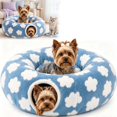 Tunnel Bed Dog, Plush Fleece Burrow & Cushioned Center Lounge for Small Dogs, Yorkies, Cats, Napping, Hiding & Snuggling