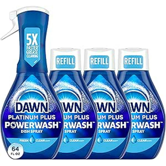 Dawn Platinum Powerwash Dish Spray, Dish Soap Liquid, Fresh Scent Bundle, 1 Spray (16oz) 3 Refills (16oz each)(Pack of 4)