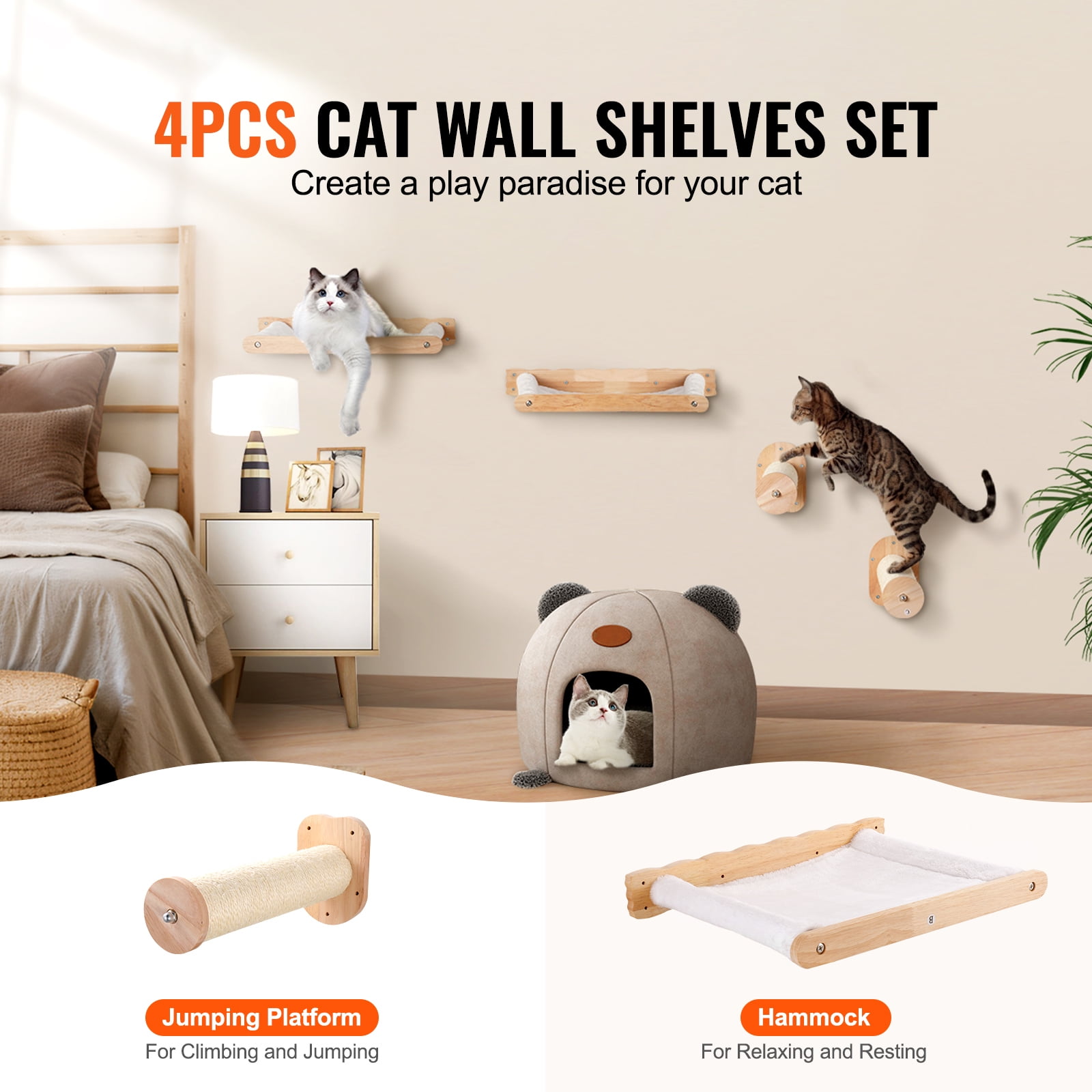 KFFKFF Wall-Hanging Cat Platforms, Feline Wall Units with Leap Supports & Loungers, Up to 40 lbs Cat Gear, Detachable & Cleanable Soft Coral Fleece, for Rest, Fun, Climb, 4-Piece Kit
