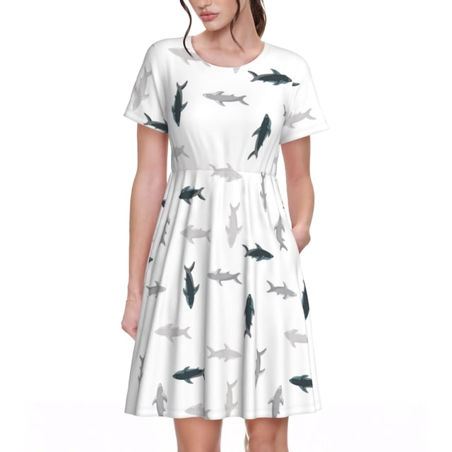 Disketp Cute Shark para Vestido de Manga Corta para Mujeres, Vestidos de Verano para Mujeres, Casual y Holgado para la Playa