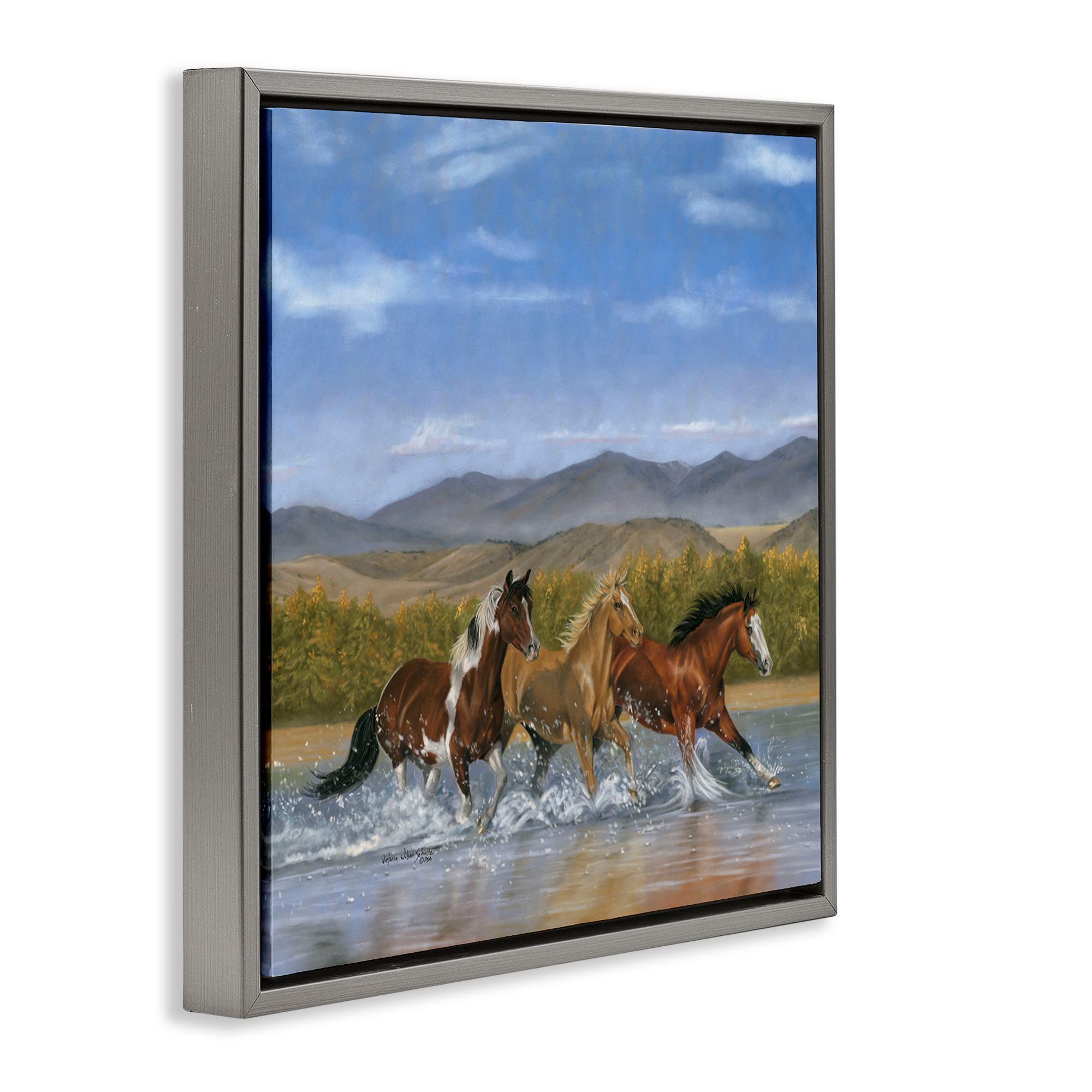 Stupell Industries Splashing River Horses Animals & Insects Painting Gray Floater Framed Canvas Art Print Wall Art, 18 x 18