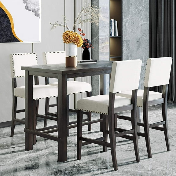 Harper & Bright Designs 5 Piece Dining Table Set Counter Height Dining Set with Classic Elegant Rectangel Table and 4 Padded Chairs for Kitchen Dining Room, Black and Beige