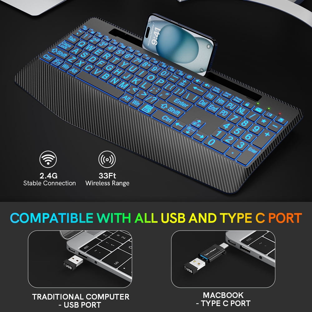 Wagpak 7 Colored Backlits Wireless Keyboard with Wrist Rest, Black, New